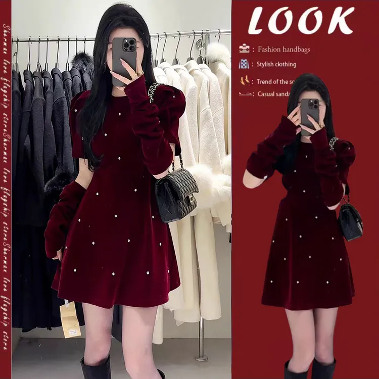 新年穿搭安可拉红内搭丝绒连衣裙法式小个子短裙冬天配大衣的裙子