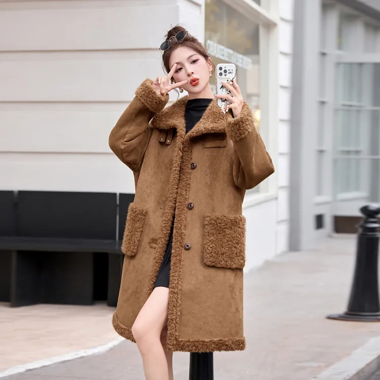 长袖中长款厚款女款落肩袖毛呢外套2025秋冬新款韩版加绒洋气加厚
