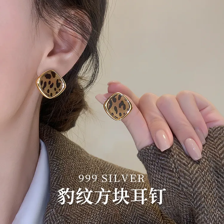 合金亚克力耳饰 999纯银耳针方块豹纹耳钉复古港风气质耳环耳饰