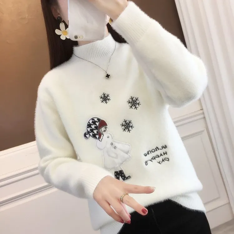 冬季防貂绒套头毛衣女士2025年秋冬加厚保暖短款半高领打底衫