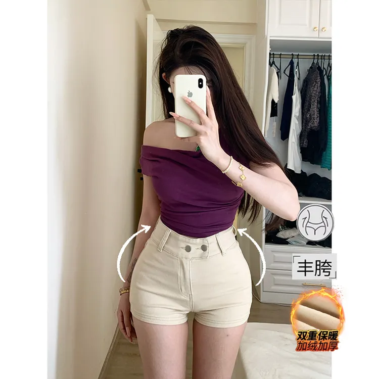 杏色纯欲加绒丰胯牛仔短裤女2025年冬季新款高腰弹力显瘦美胯热裤