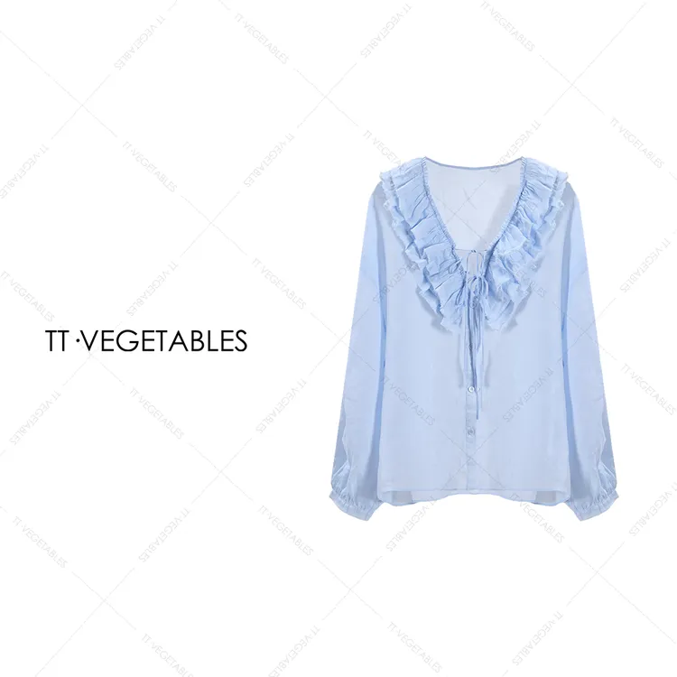 TT・VEGETABLES【序白】塞纳河畔 110支苎麻长袖荷叶边衬衫512168