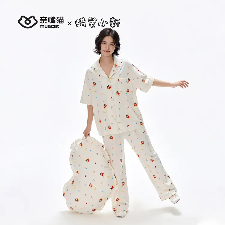 亲嘴猫蜡笔小新短袖开衫卡通莫代尔棉可外穿睡衣家居服套装女夏季