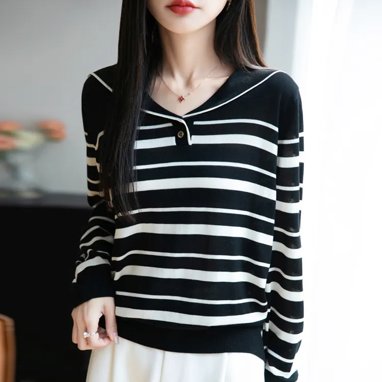春季新款100%莱赛尔天丝条纹海军V领针织长袖时尚百搭宽松减龄