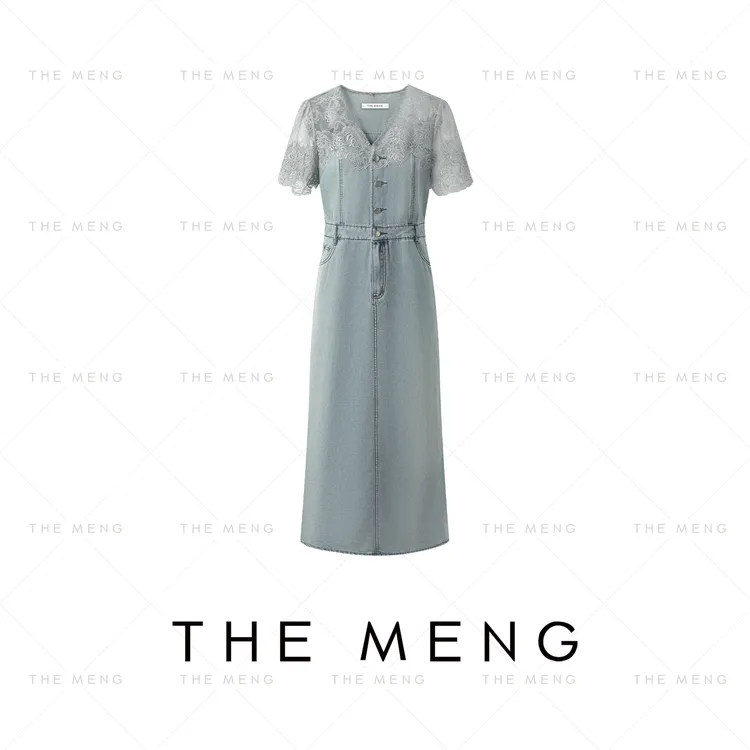 THE MENG【浮影】长绒棉优雅通勤蕾丝牛仔连衣裙#M252G0719