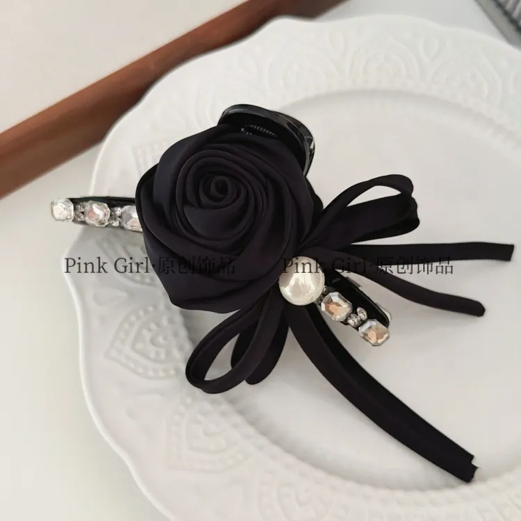 Pink Girl  Z316手工玫瑰花抓夹立体百搭秋冬新款时尚复古鲨鱼夹