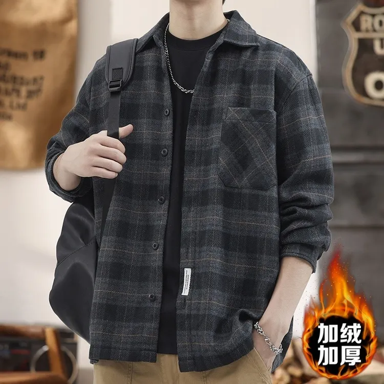 日系加绒格子衬衫男秋季新款潮牌宽松长袖上衣服秋冬薄款翻领外套