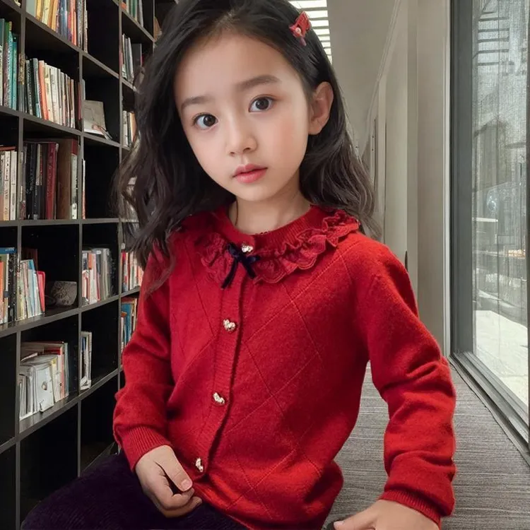 红色新年服2025新款女童针织开衫冬装洋气休闲上衣甜美小香风毛衣
