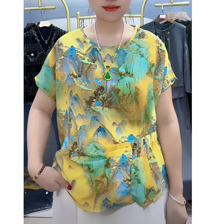 夏季新款时尚女士百搭花色印花气质打揽收腰褶皱显瘦设计感上衣