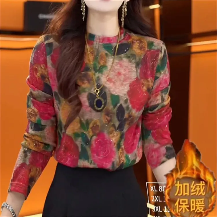 2025秋冬新款时尚洋气轻奢减龄一体绒印花ins打底衫冬季加绒内搭