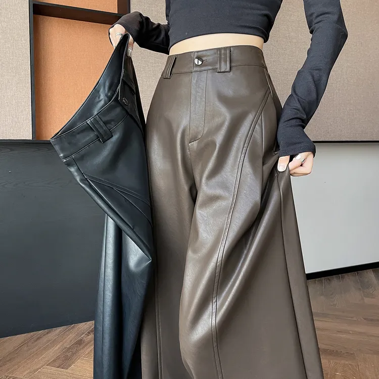 加绒pu皮裤弯刀阔腿裤女秋冬新款高腰宽松显瘦休闲拖地直筒裤子