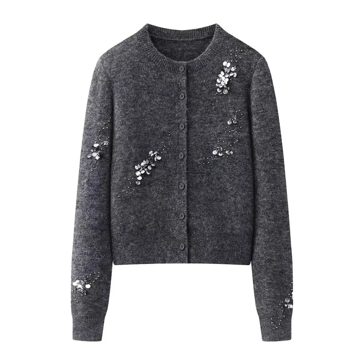 艾家新款休闲风时尚套装开衫时尚圆领长袖秋冬灰色气质秋季4113