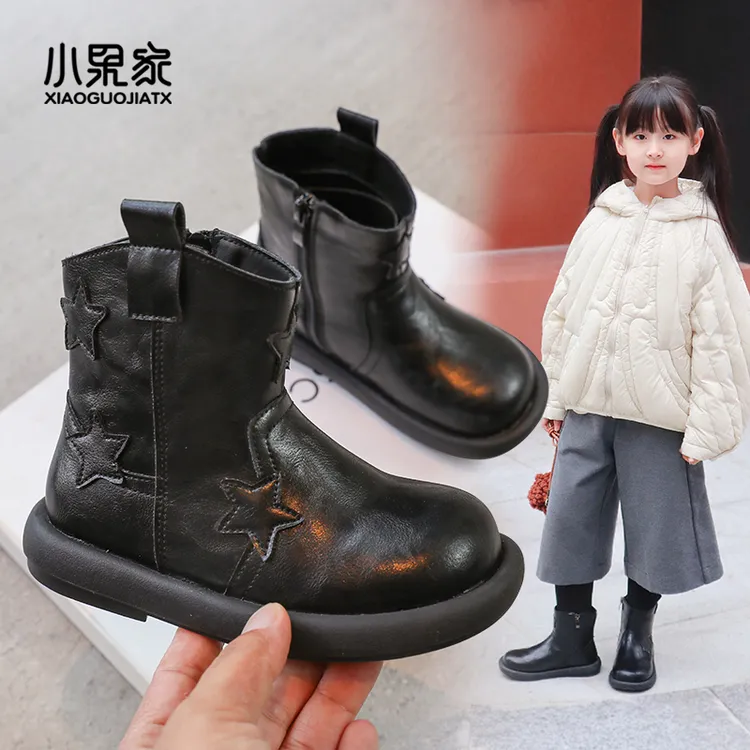 小果家女童靴子儿童短靴秋冬小女孩马丁靴黑色二棉冬季女童靴白色