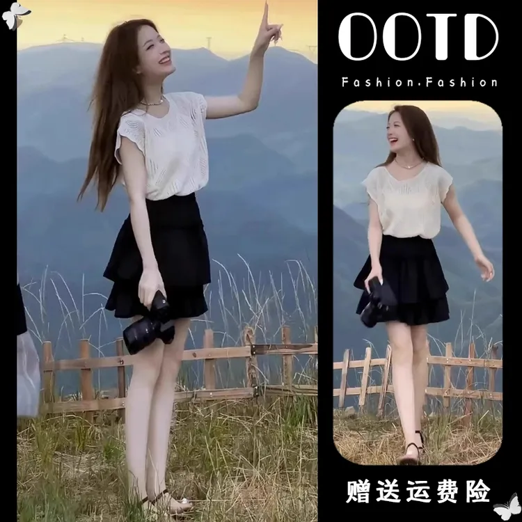 欧货设计感镂空露背针织衫2025夏季新款减龄百搭T恤蛋糕裙套装女