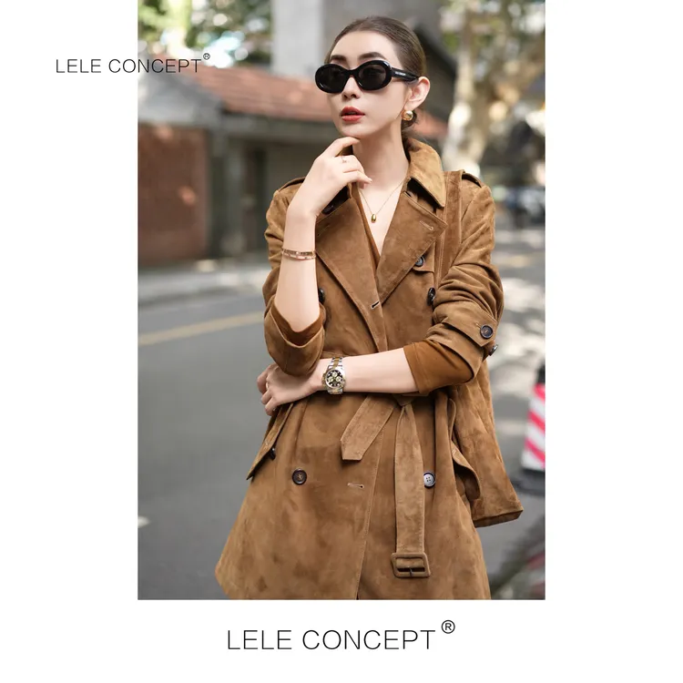 LELE CONCEPT丨「丽」都市港风轻奢设计款领口挂带皮风衣P0026