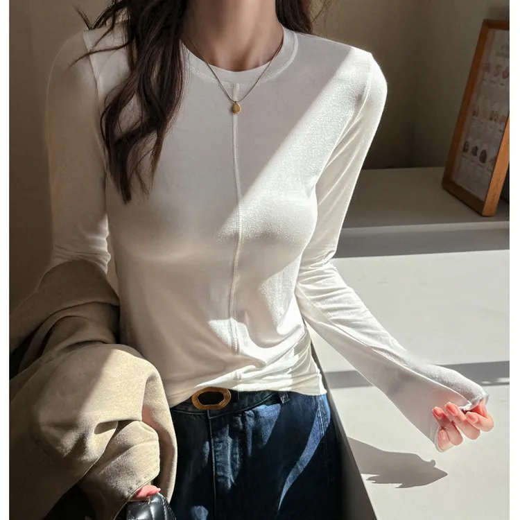 早秋莫代尔圆领设计感打底衫女内搭秋冬季高级感简约长袖t恤上衣