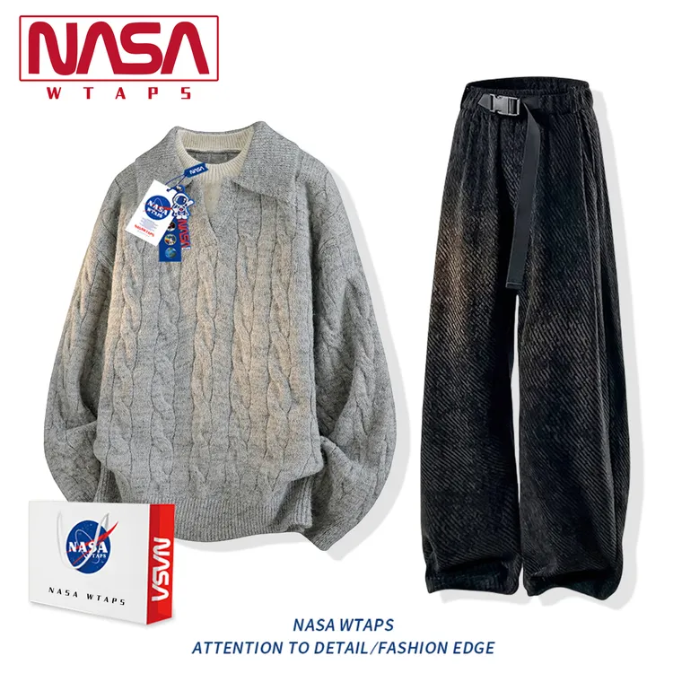 NASA WTAPS美式假两件毛衣套装男秋季慵懒高级感翻领毛衣长裤套装