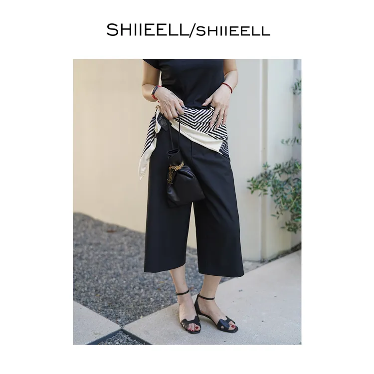SHIIEELL极简风直筒垂顺羊毛混纺黑色简约潮流五分休闲裤Z3089