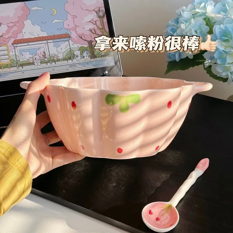 双耳南瓜汤碗网红草莓粉色系陶瓷家用螺蛳粉可爱大容量泡面碗勺