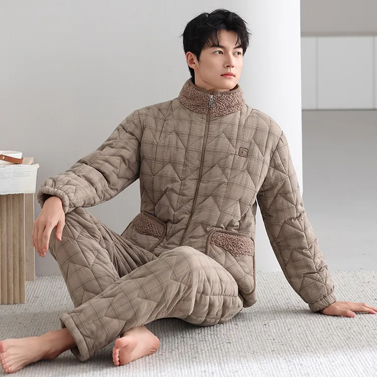高档男士睡衣冬季三层加厚加绒夹棉保暖2025新款仿羽绒家居服男冬
