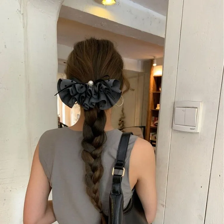 2025新款珍珠波点蝴蝶结弹簧夹2025早秋气质珍珠后脑勺扎发发饰女