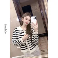 Moni【乖乖女】小香风高品质加厚娃娃领金扣撞色条纹毛衣外套