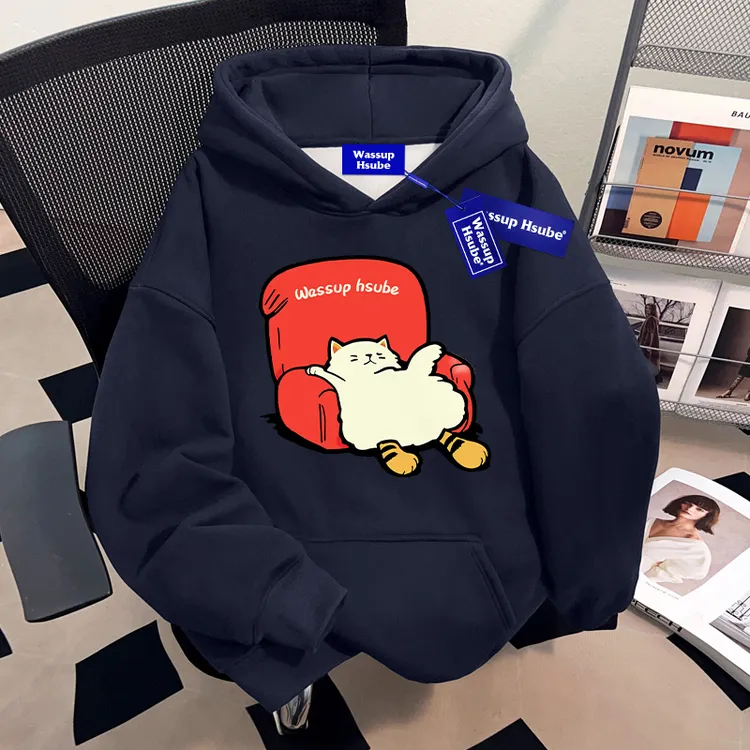 WASSUP HSUBE藏青色美式潮流百搭ins男士卫衣套头连帽慵懒风外套