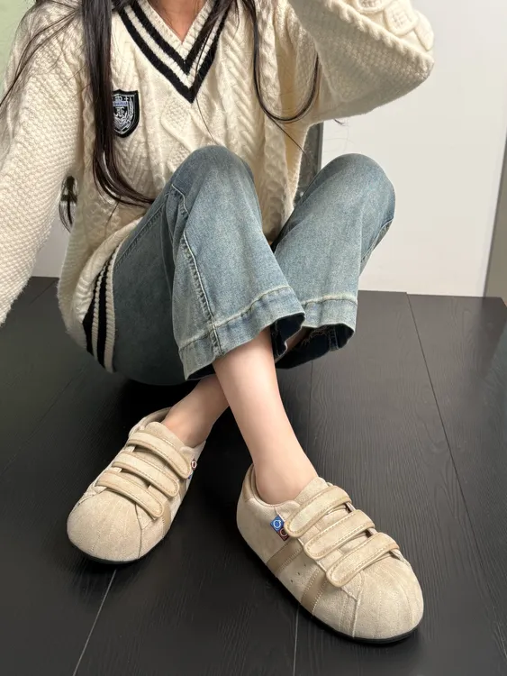 Tagabe2025年新款磨砂魔术贴卡皮巴拉大头休闲板鞋德训鞋女