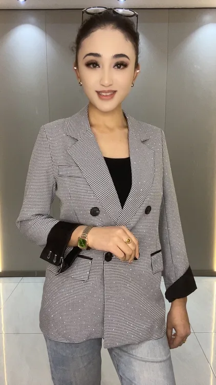 气质千鸟格小西装外套英伦风修身显瘦百搭职场上衣