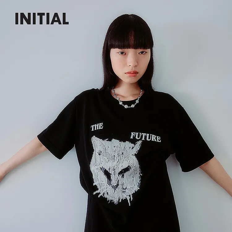【神兽系列】INITIAL25秋季新款黑色罗纹宽松T恤女25FOTFMCXX069