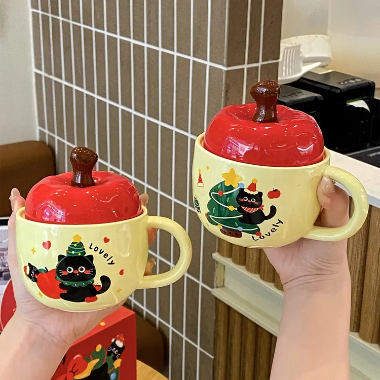 生日圣诞礼物苹果可爱陶瓷马克杯高颜值水杯创意杯带盖女生闺蜜LY