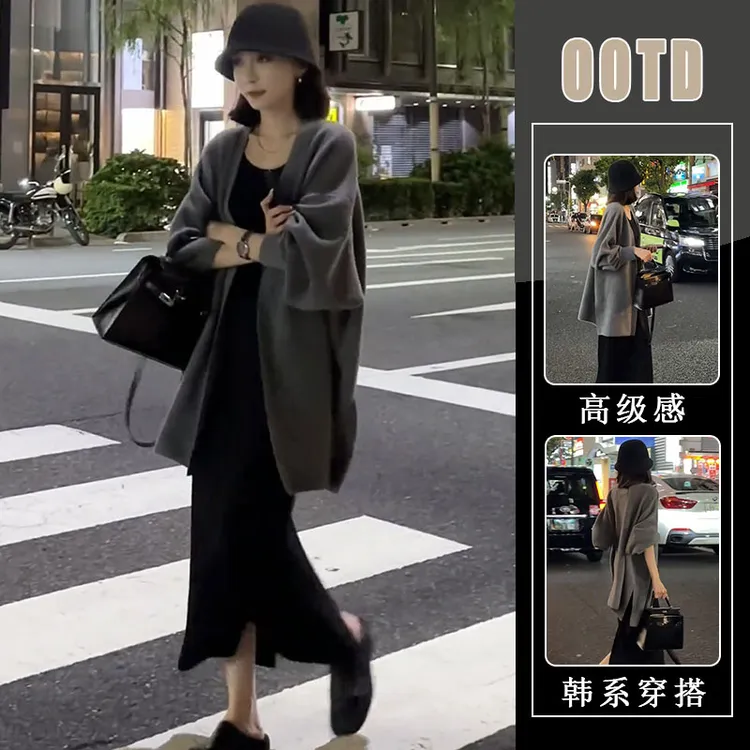 深冬清冷松弛感穿搭气质女神范高级感端庄大气灰色毛衣连衣裙套装