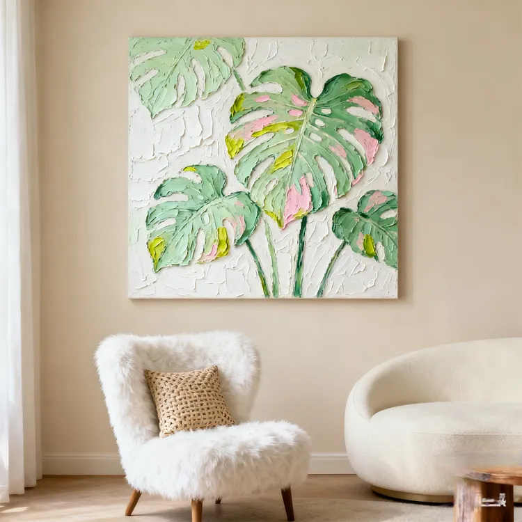 原创手绘油画现代简约家大叶大油画客厅玄关装饰画手绘肌理