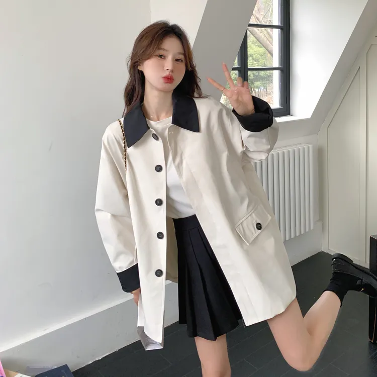 撞色拼接风衣外套女秋季新款2025韩版设计感小个子休闲简约短大衣