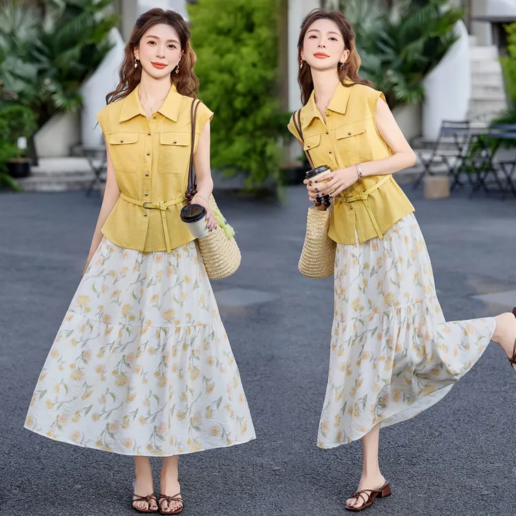 休闲风轻熟风两件套装2025中长款夏装显瘦气质洋气收腰碎花半身裙