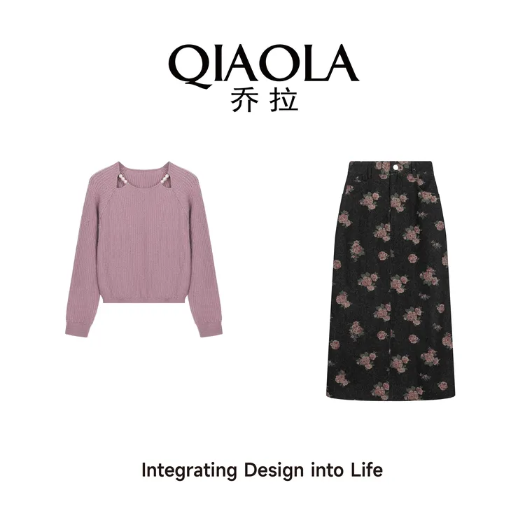 QIAOLA/乔拉【花影悦动】秋季坑条马海毛圆领牛仔碎花时尚套装