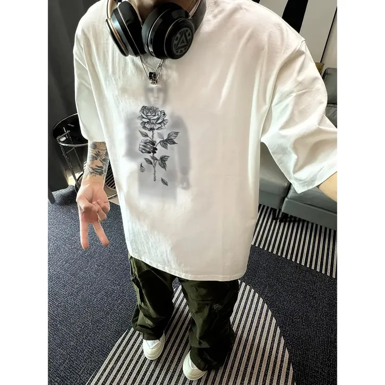 100%纯棉320克重磅男士休闲百搭夏季半袖宽松潮流印花小众美式