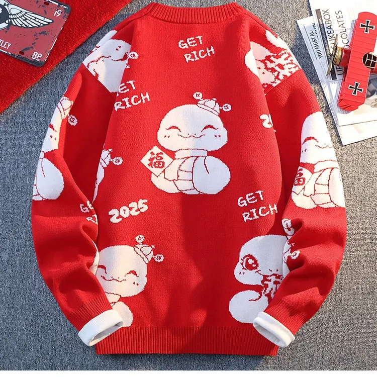 秋冬季男女新款国潮红色新年款蛇年毛衣本命年卡通图案提花针织衫