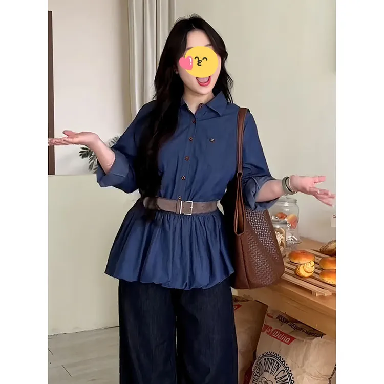 大码女装减龄花苞仿牛仔衬衫秋季胖mm百搭通勤韩系风显瘦长袖上衣