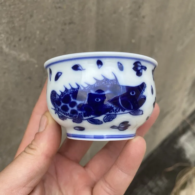 新款青花鼓型杯桂鱼主人杯家用陶瓷个人专用中式品茗杯炉士茶杯