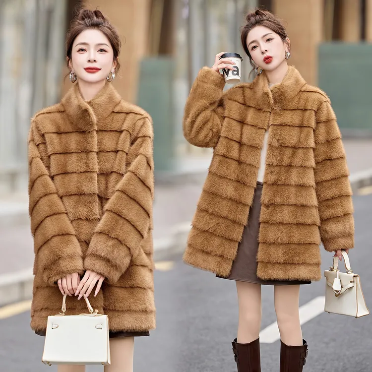 2025年冬季新款双色貂皮毛一体加厚中长款外套气质时尚洋气