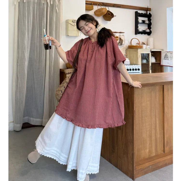 大码女装胖mm韩系复古木耳边条纹短袖衬衫女宽松花边阔腿裤两件套