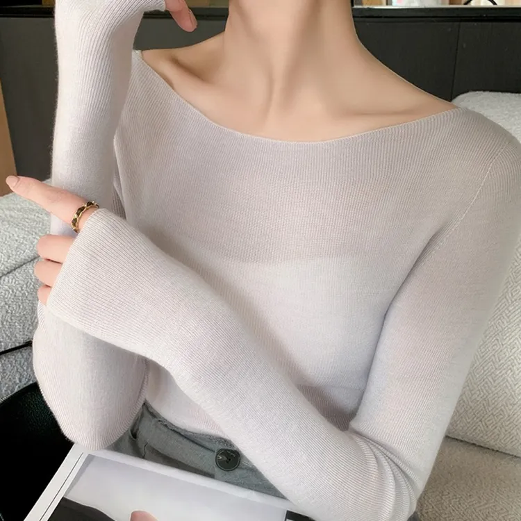 天鹅颈！60支扬子无缝精纺100%全羊毛衫女一字领针织打底衫修身802