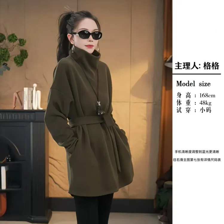 【格小姐】9908-11秋款欧版潮流气质拼接百搭显瘦堆堆领腰带卫衣