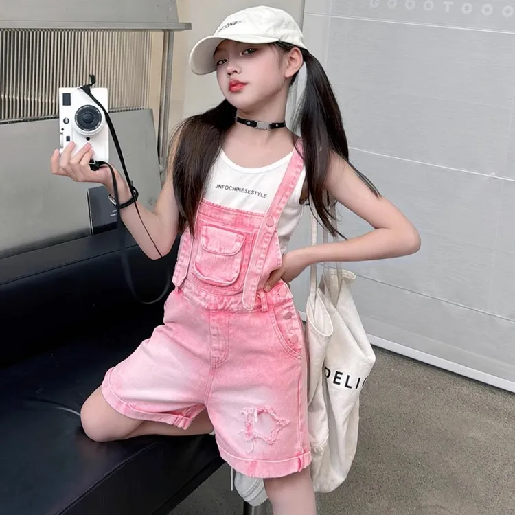 女童牛仔背带裤薄款2025新款大儿童短裤时髦夏季小孩休闲裤子洋气