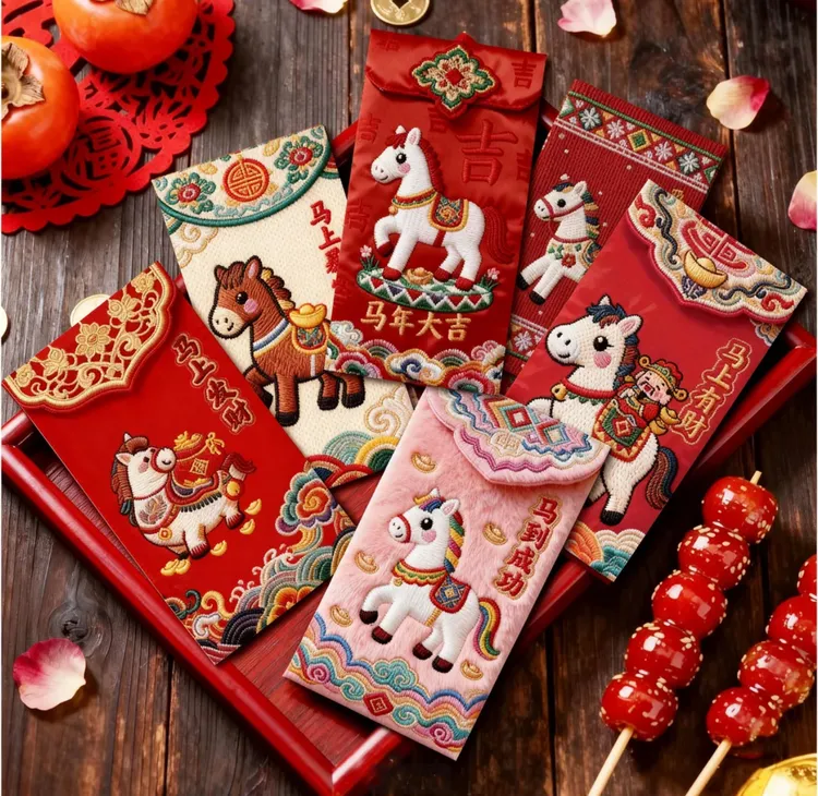 2026马年平面款创意红包立体刺绣风格中式利是封卡通新年压岁春节