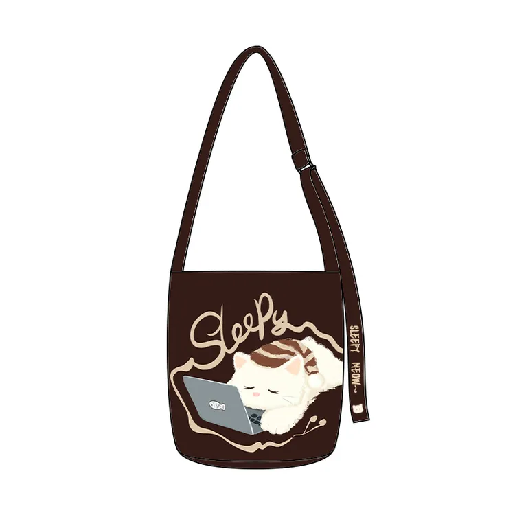 艺术鸭原创困困喵椭圆底飘带水桶包单肩斜跨手提小众百搭通勤包