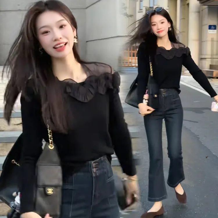 独特漂亮小衫女2025秋季蕾丝拼接荷叶边露肩套头长袖温婉大方毛衫