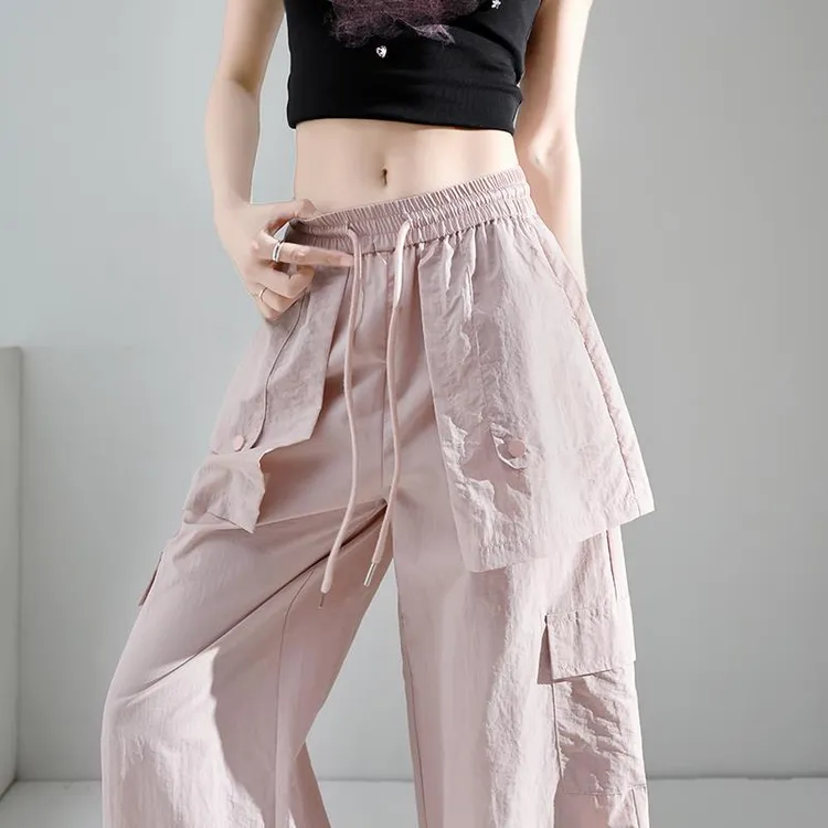 dhini粉色美式冰丝速干工装裤女夏季薄款小个子户外运动屁帘阔腿
