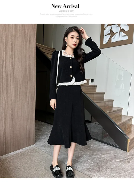 小个子小香风女秋装套装新款法式复古赫本风黑色气质显瘦长裙